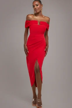 Off The Shoulder Chiffon Wing Scuba Crepe Midi Dress - Red by Goddiva