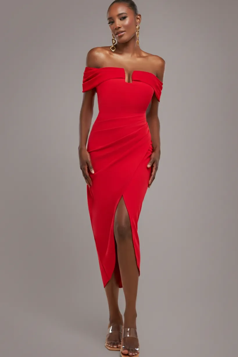 Off The Shoulder Chiffon Wing Scuba Crepe Midi Dress - Red by Goddiva