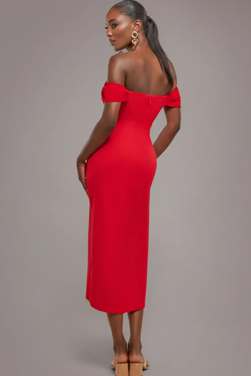 Off The Shoulder Chiffon Wing Scuba Crepe Midi Dress - Red by Goddiva