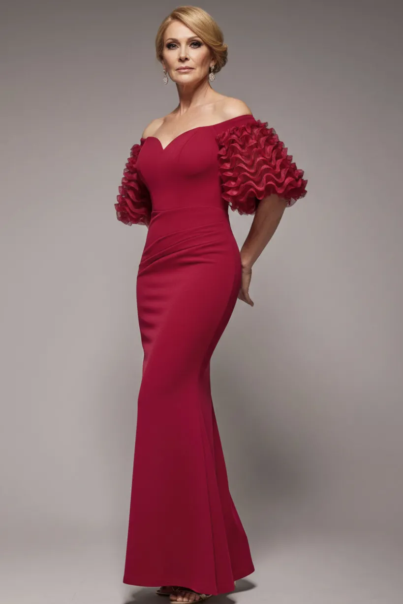 Off The Shoulder 3D Puffed Sleeve Sweetheart Maxi Dress - Burgundy by Goddiva