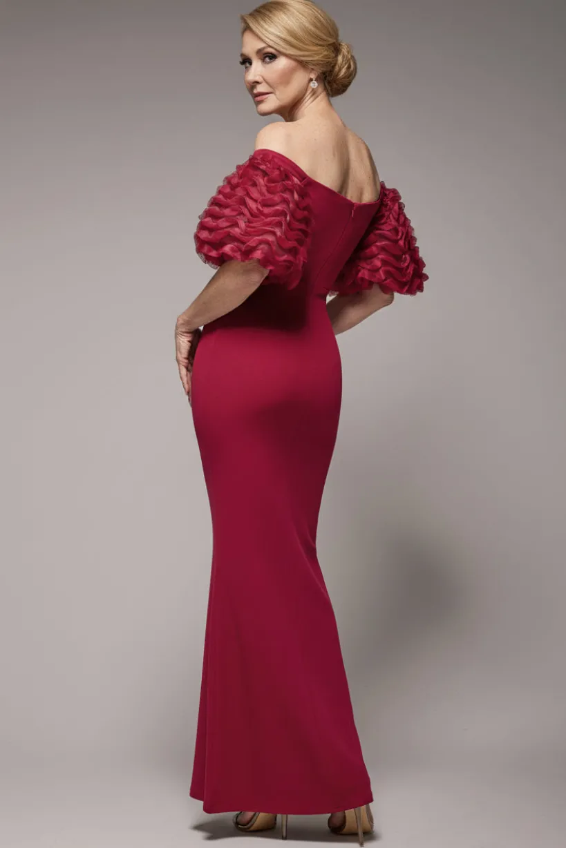 Off The Shoulder 3D Puffed Sleeve Sweetheart Maxi Dress - Burgundy by Goddiva