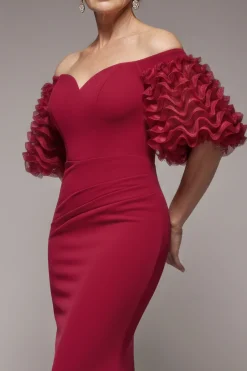 Off The Shoulder 3D Puffed Sleeve Sweetheart Maxi Dress - Burgundy by Goddiva