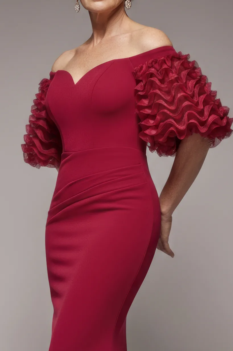 Off The Shoulder 3D Puffed Sleeve Sweetheart Maxi Dress - Burgundy by Goddiva