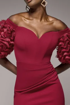 Off The Shoulder 3D Puffed Sleeve Sweetheart Maxi Dress - Burgundy by Goddiva