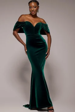 Off The Shoulder Deep Plunge Velvet Maxi Dress - Emerald Green by Goddiva