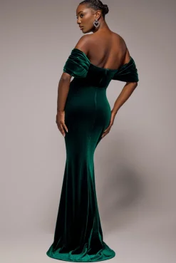 Off The Shoulder Deep Plunge Velvet Maxi Dress - Emerald Green by Goddiva