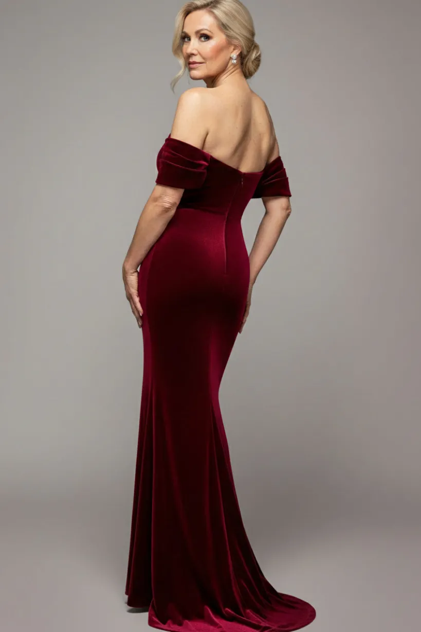 Off The Shoulder Deep Plunge Velvet Maxi Dress - Burgundy by Goddiva