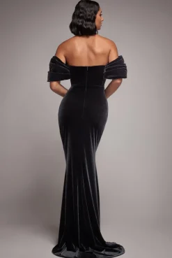 Off The Shoulder Deep Plunge Velvet Maxi Dress - Black by Goddiva
