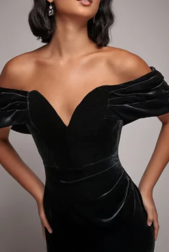 Off The Shoulder Deep Plunge Velvet Maxi Dress - Black by Goddiva