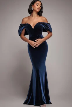 Off The Shoulder Deep Plunge Velvet Maxi Dress - Navy Blue by Goddiva