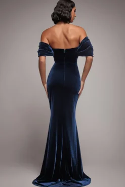 Off The Shoulder Deep Plunge Velvet Maxi Dress - Navy Blue by Goddiva