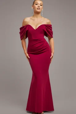 Off The Shoulder Draped Sleeve Maxi Dress - Burgundy by Goddiva