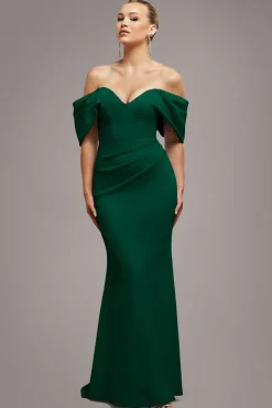 Off The Shoulder Draped Sleeve Maxi Dress - Emerald Green by Goddiva