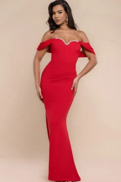 Off The Shoulder Draped Sleeve Maxi Dress With Diamante Neckline - Red by Goddiva