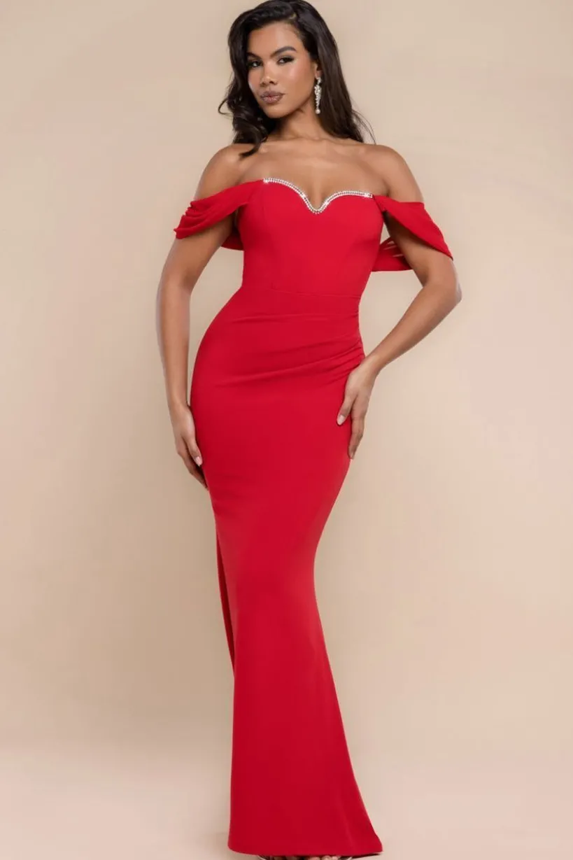 Off The Shoulder Draped Sleeve Maxi Dress With Diamante Neckline - Red by Goddiva