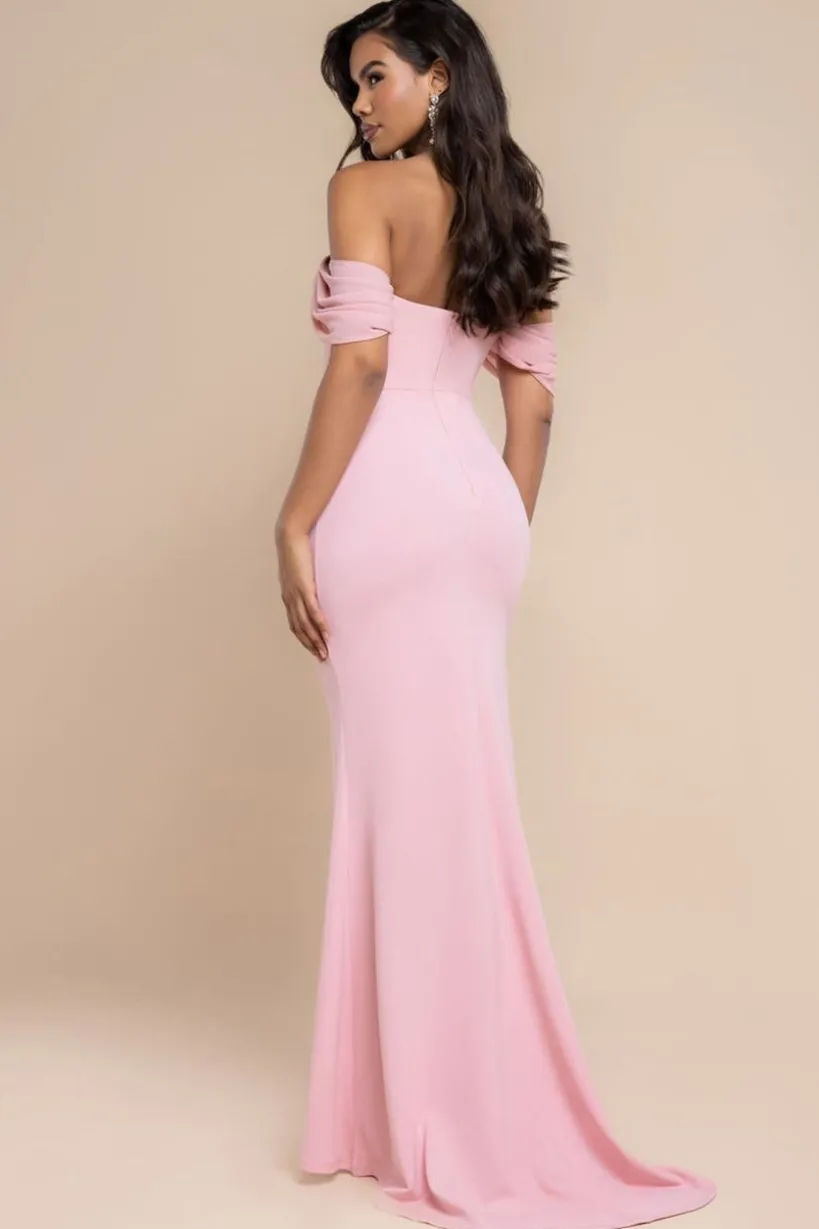 Off The Shoulder Draped Sleeve Maxi Dress With Diamante Neckline - Blush Pink by Goddiva