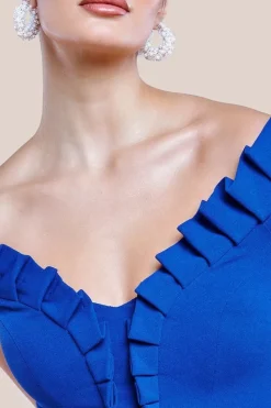 Off The Shoulder Frill Bodice Midi Dress - Royal Blue by Goddiva
