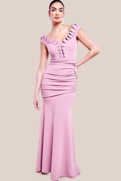 Off The Shoulder Frill Gathered Maxi Dress - Rose Pink by Goddiva