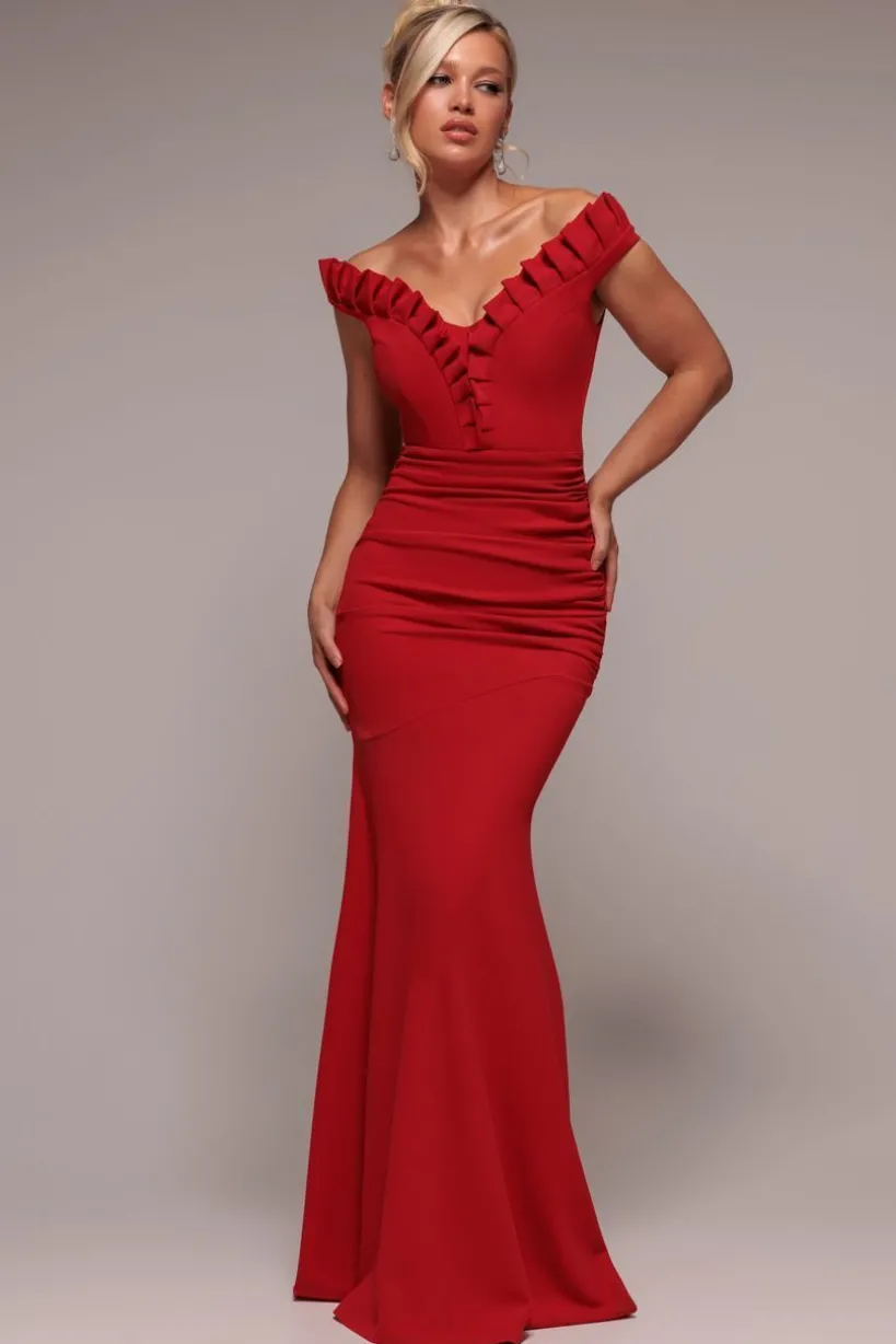 Off The Shoulder Frill Gathered Maxi Dress - Red by Goddiva