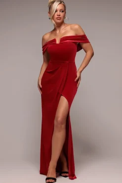 Off The Shoulder Front Split Velvet Maxi Dress - Red by Goddiva