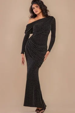 Off The Shoulder Gathered Panel Sparkle Lurex Maxi Dress - Black Gold by Goddiva