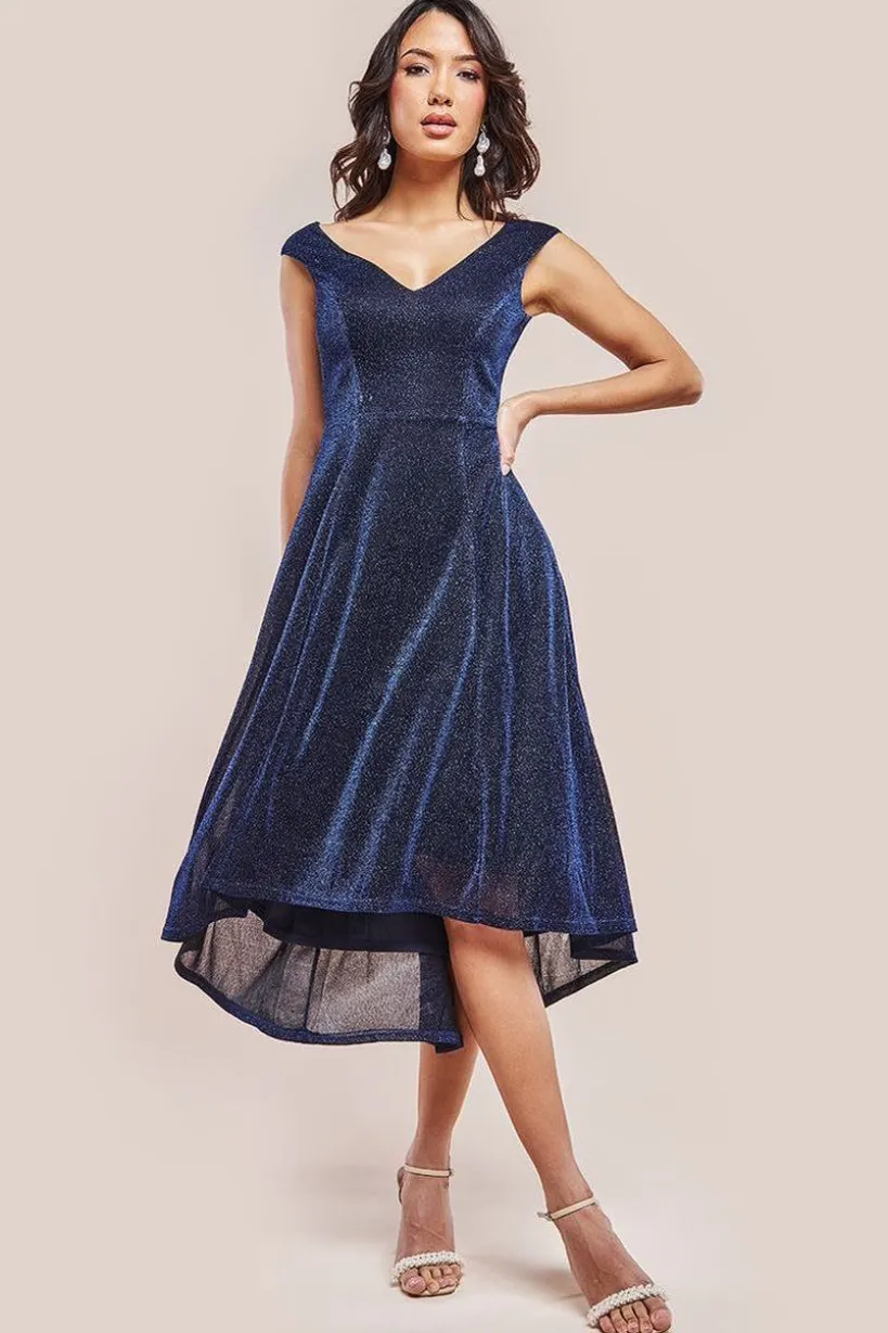 Off The Shoulder Lurex High Low Dress - Navy by Goddiva