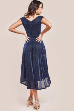 Off The Shoulder Lurex High Low Dress - Navy by Goddiva
