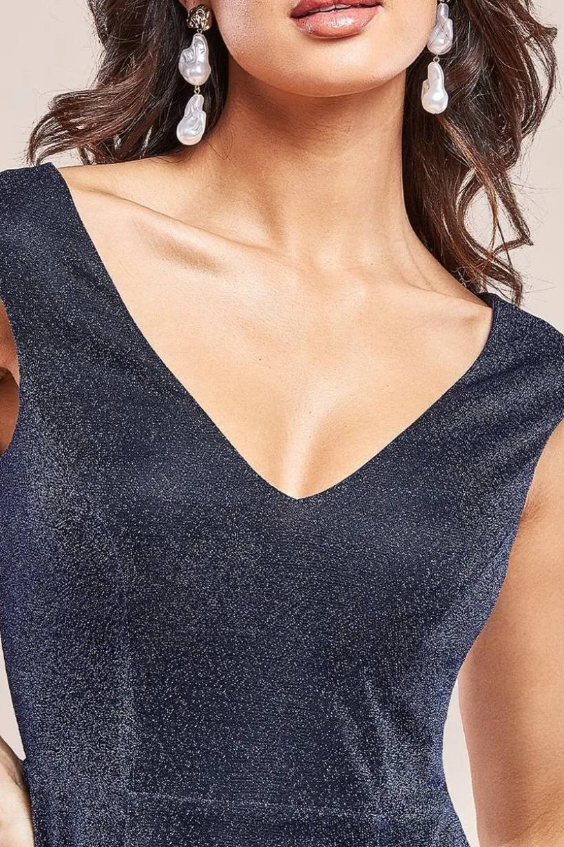 Off The Shoulder Lurex High Low Dress - Navy by Goddiva