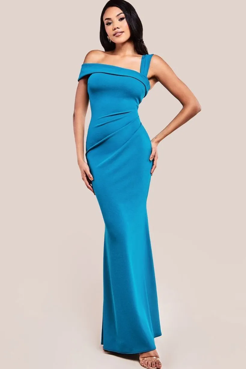 Off The Shoulder Pleated Waist Maxi Dress - Teal Blue by Goddiva