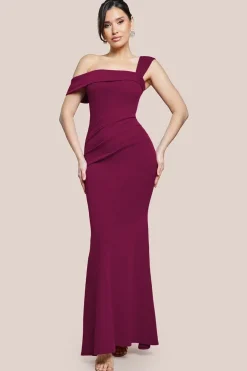 Off The Shoulder Pleated Waist Maxi Dress - Berry by Goddiva