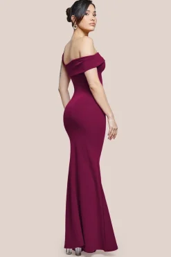 Off The Shoulder Pleated Waist Maxi Dress - Berry by Goddiva