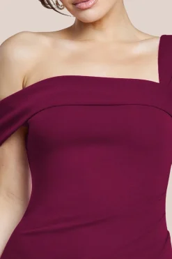 Off The Shoulder Pleated Waist Maxi Dress - Berry by Goddiva