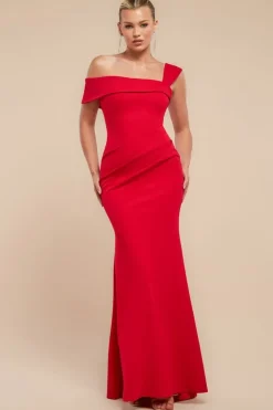 Off The Shoulder Pleated Waist Maxi Dress - Red by Goddiva