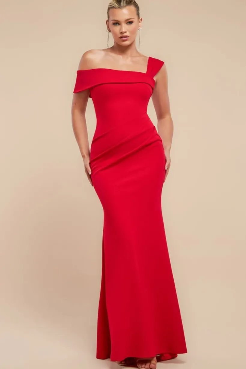 Off The Shoulder Pleated Waist Maxi Dress - Red by Goddiva