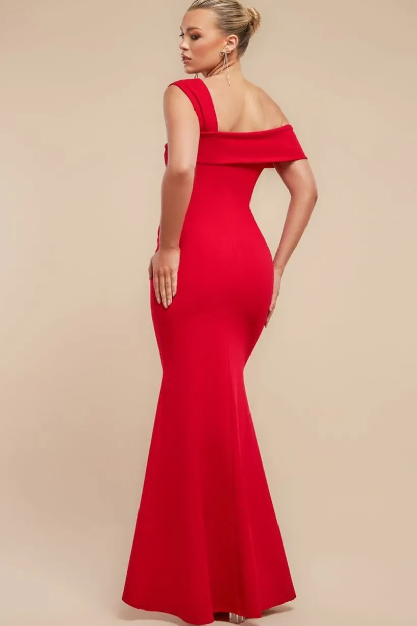 Off The Shoulder Pleated Waist Maxi Dress - Red by Goddiva