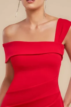 Off The Shoulder Pleated Waist Maxi Dress - Red by Goddiva