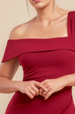 Off The Shoulder Pleated Waist Maxi Dress - Wine by Goddiva
