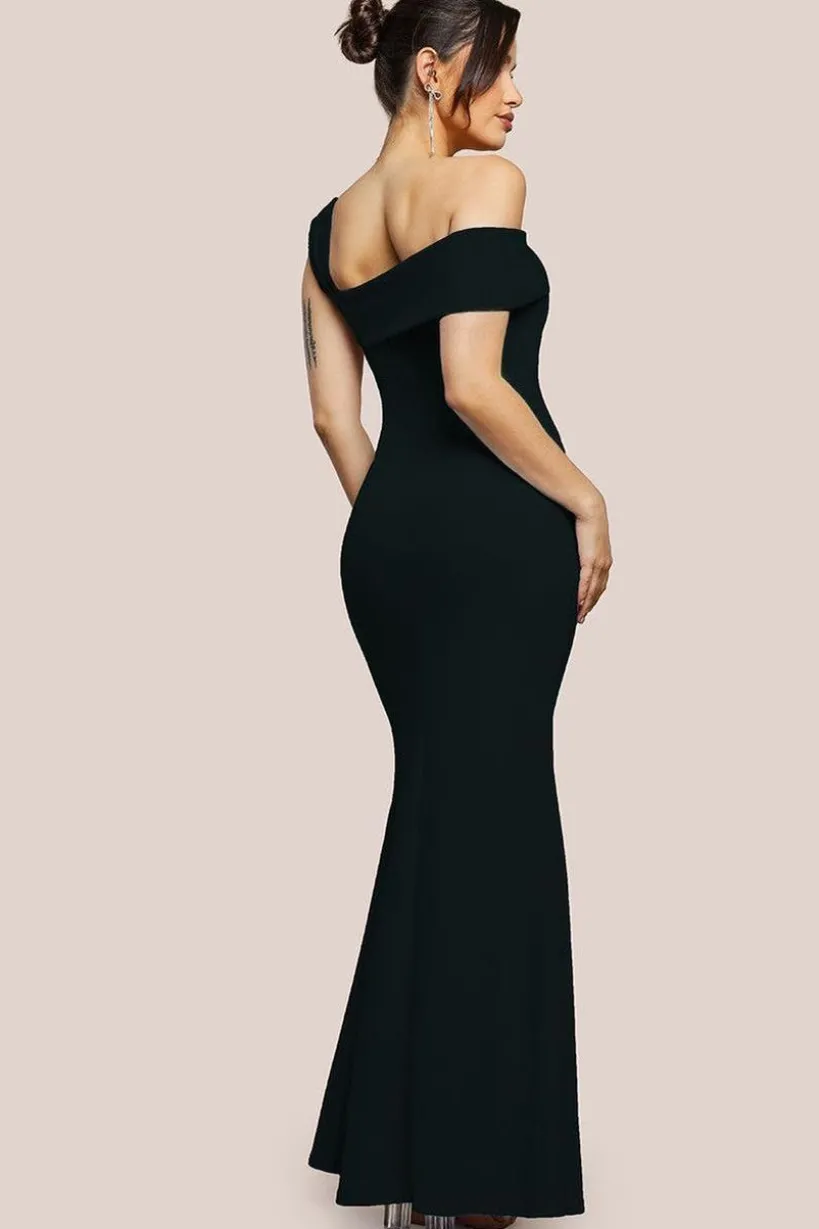 Off The Shoulder Pleated Waist Maxi Dress - Black by Goddiva