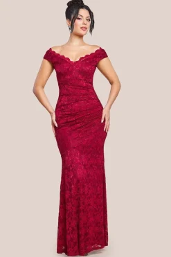 Off The Shoulder Scalloped Neck Maxi Dress - Wine by Goddiva