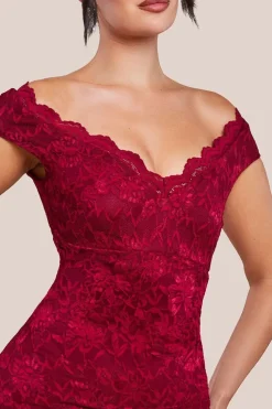 Off The Shoulder Scalloped Neck Maxi Dress - Wine by Goddiva