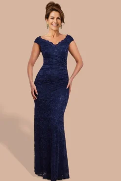 Off The Shoulder Scalloped Neck Maxi Dress - Navy Blue by Goddiva