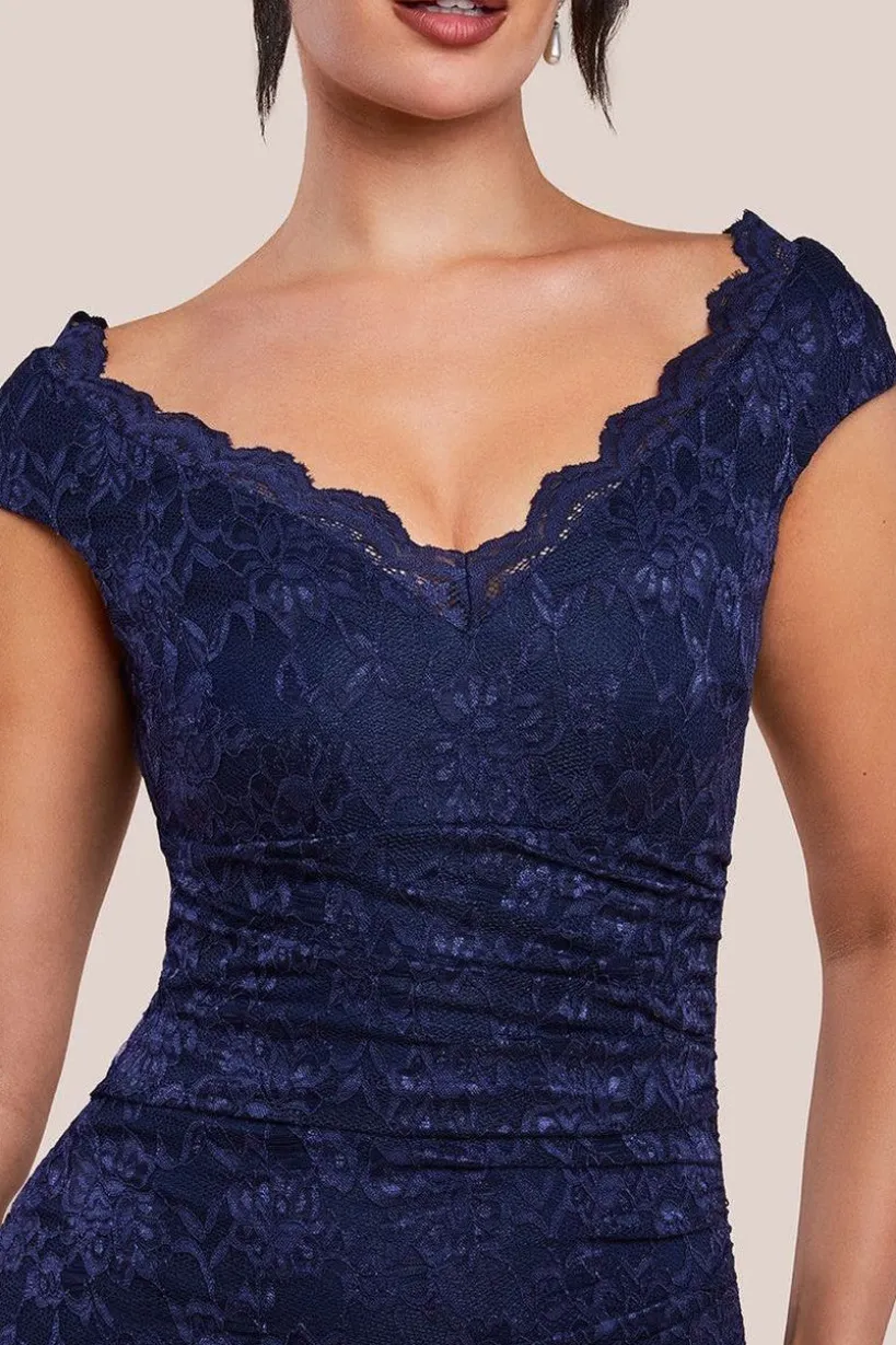 Off The Shoulder Scalloped Neck Maxi Dress - Navy Blue by Goddiva