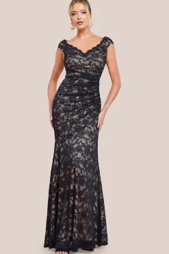 Off The Shoulder Scalloped Neck Maxi Dress - Black by Goddiva