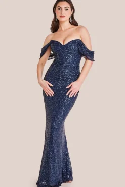Off The Shoulder Sequin Wing Maxi - Navy by Goddiva