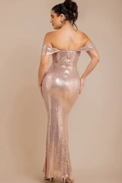 Off The Shoulder Sequin Wing Maxi Dress - Champagne by Goddiva