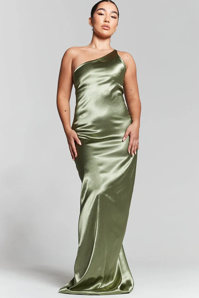 Olive Green One Shoulder Silky Maxi Dress by InFlair