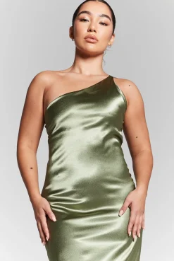 Olive Green One Shoulder Silky Maxi Dress by InFlair