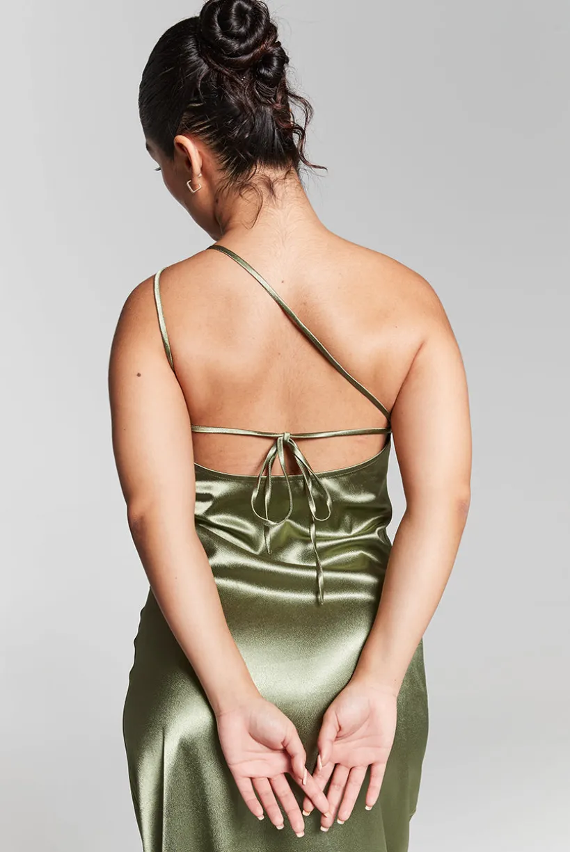 Olive Green One Shoulder Silky Maxi Dress by InFlair