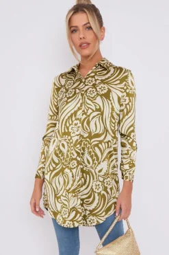 Olive Green Paisley Print Satin Long Shirt by LOVE SUNSHINE