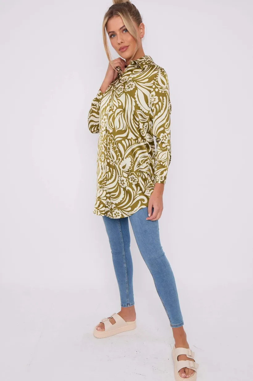 Olive Green Paisley Print Satin Long Shirt by LOVE SUNSHINE